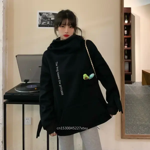 Black frog hoodie with 3D hood ears and front kangaroo pocket.