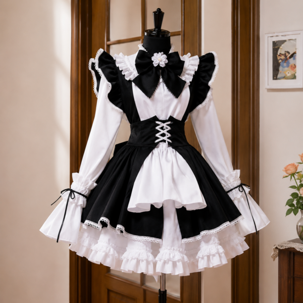 Black and white lolita maid dress with ruffle shoulders, bow collar, and lace hem on dress form