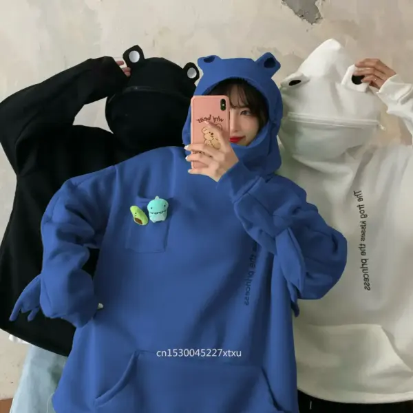 Bright Blue, Black, and White frog hoodies with 3D hood ears and kangaroo pocket.