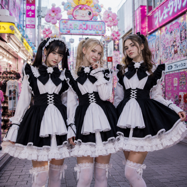 Three models in black and white maid cosplay dresses at Harajuku Tokyo