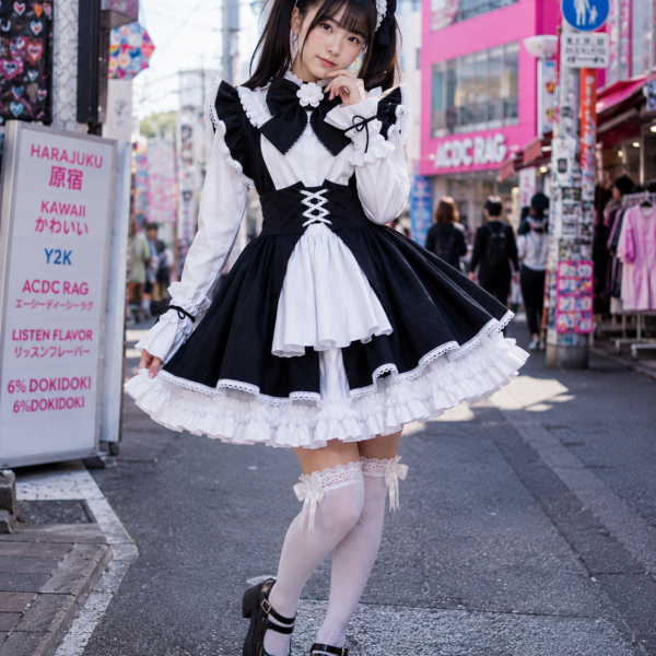 Japanese girl wearing black and white maid cosplay dress with maid headband and lace stockings in Harajuku Tokyo