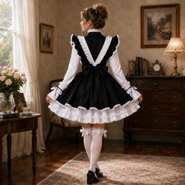 Back view of black and white maid cosplay dress showing white apron and ruffled lace hem