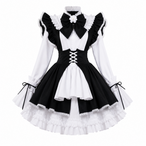 Black and white maid lolita dress front view on white background