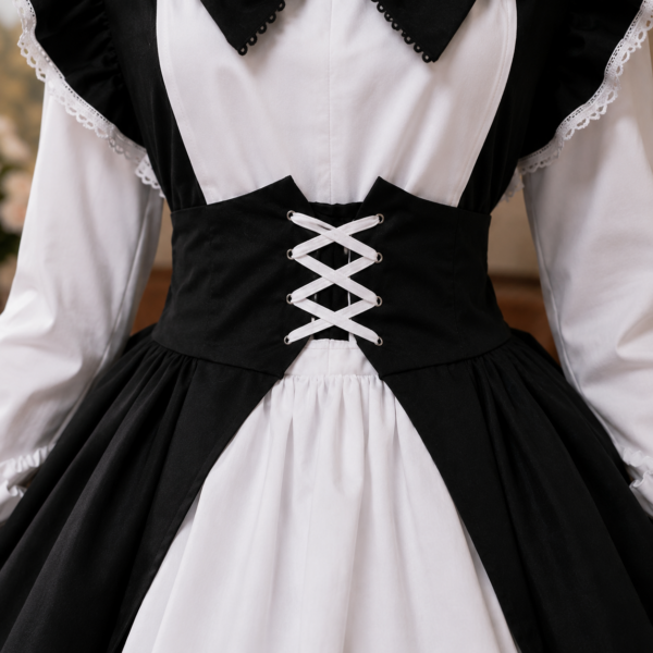 Close-up of white corset lace-up detail on black maid dress bodice