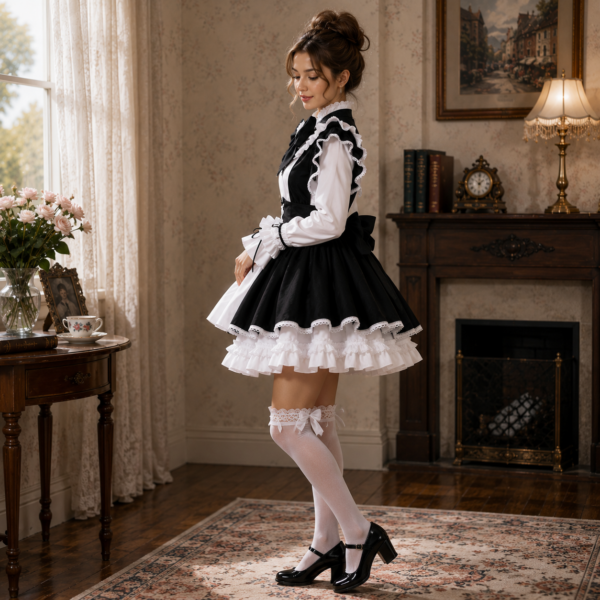 Side view of black and white maid dress with layered lace skirt and white thigh-high stockings