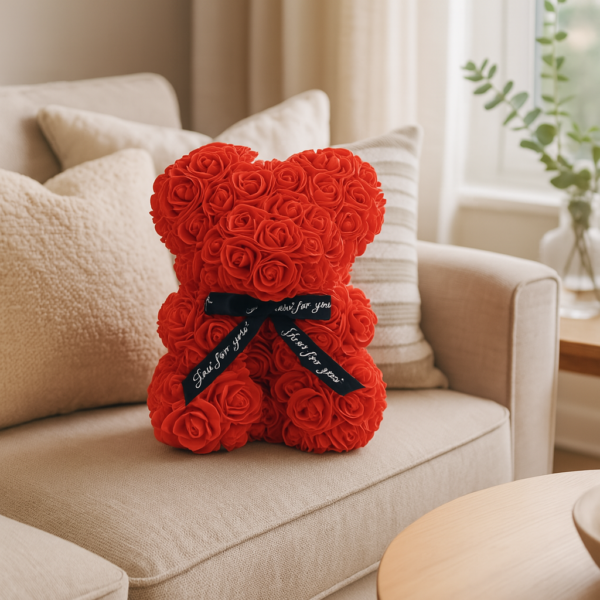 Red Rose Teddy Bear on a Sofa