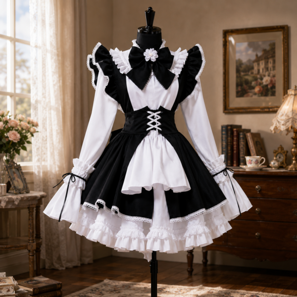 Black and white maid cosplay dress on mannequin in vintage Victorian room