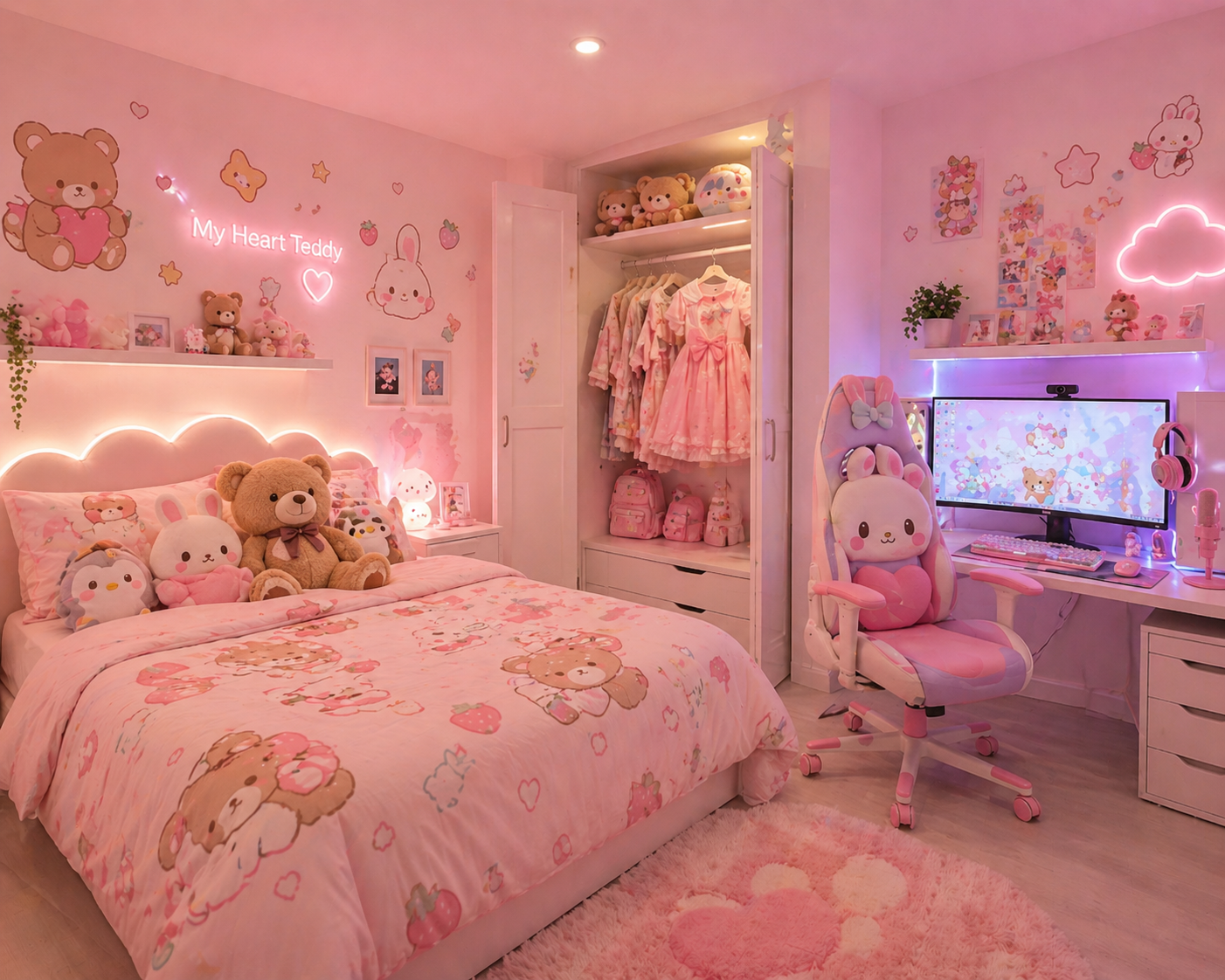 A cozy kawaii bedroom featuring bedding, a wardrobe, desk setup, and decorative shelves