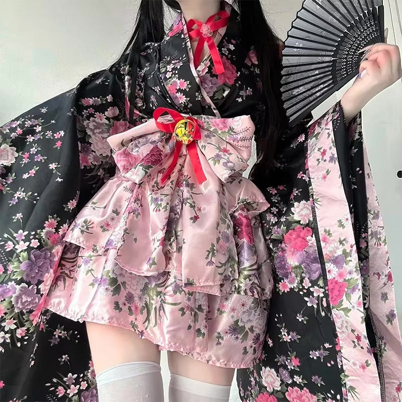 Traditional Japanese Pink and Black Kimono Dress — kawaii fashion