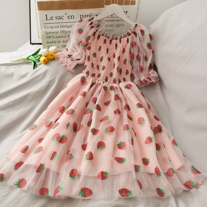 Chiffon Strawberry Puff Sleeve Dress — Kawaii Harajuku Dress | Kawaii Merchandise