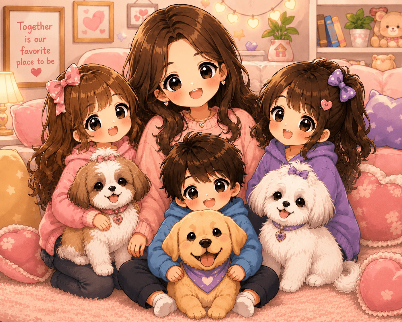 Mommy and kids enjoying kawaii stuffed animals together