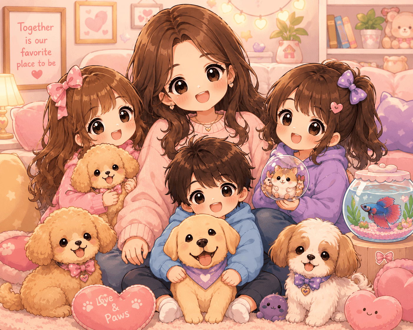 Mommy and kids enjoying kawaii stuffed animals together