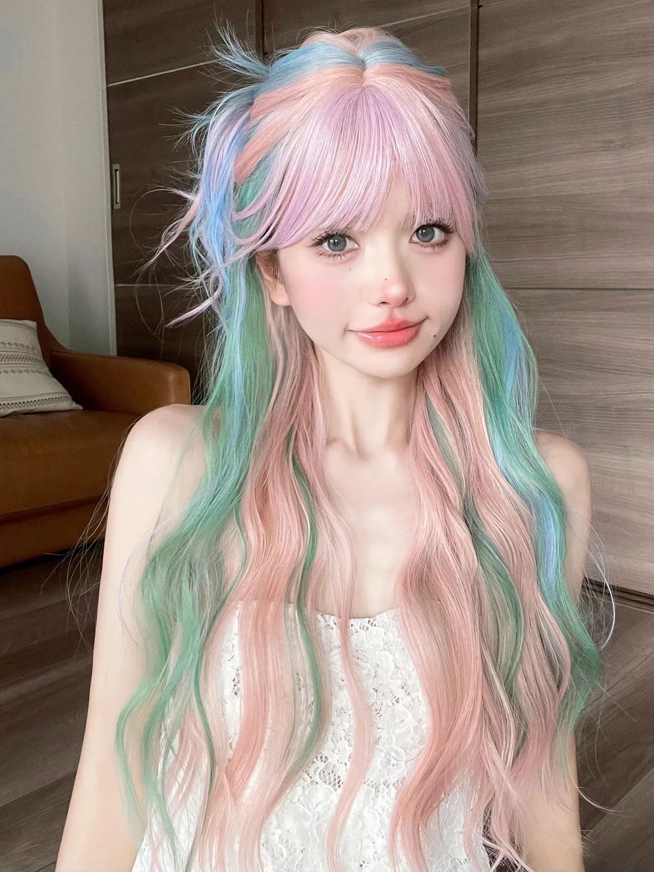 Long wavy pastel wig in pink, mint green and sky blue with soft bangs