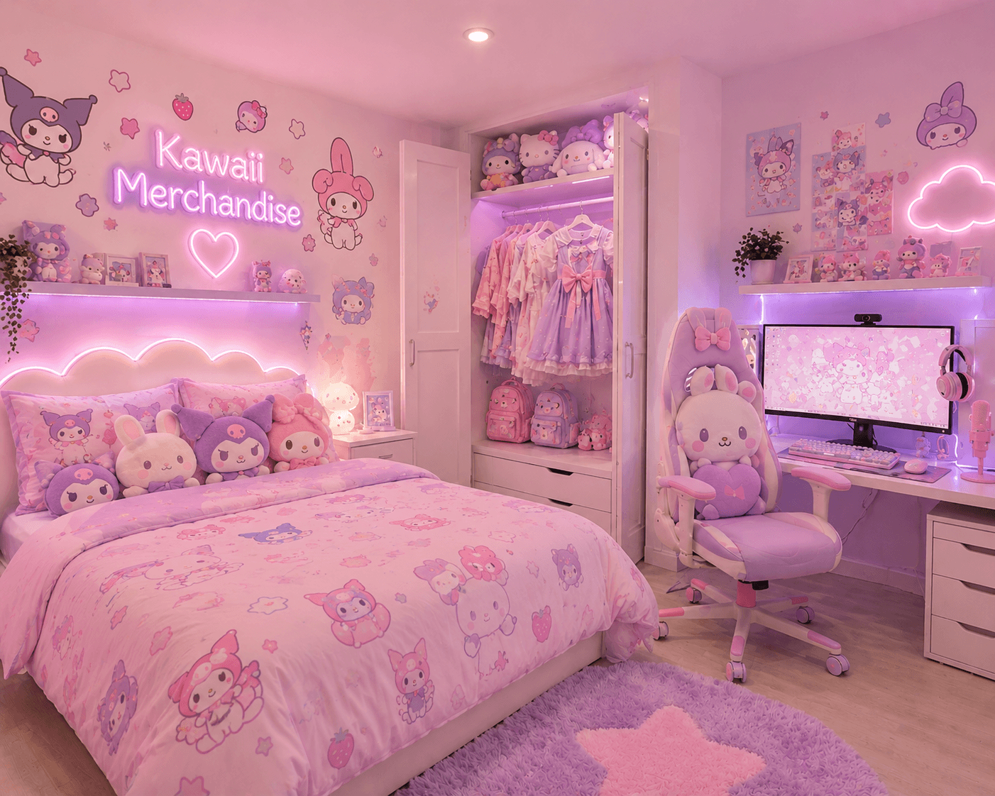Kawaii dream room featuring pastel decor, kawaii plushies, bedding and cute room accessories from Kawaii Merchandise