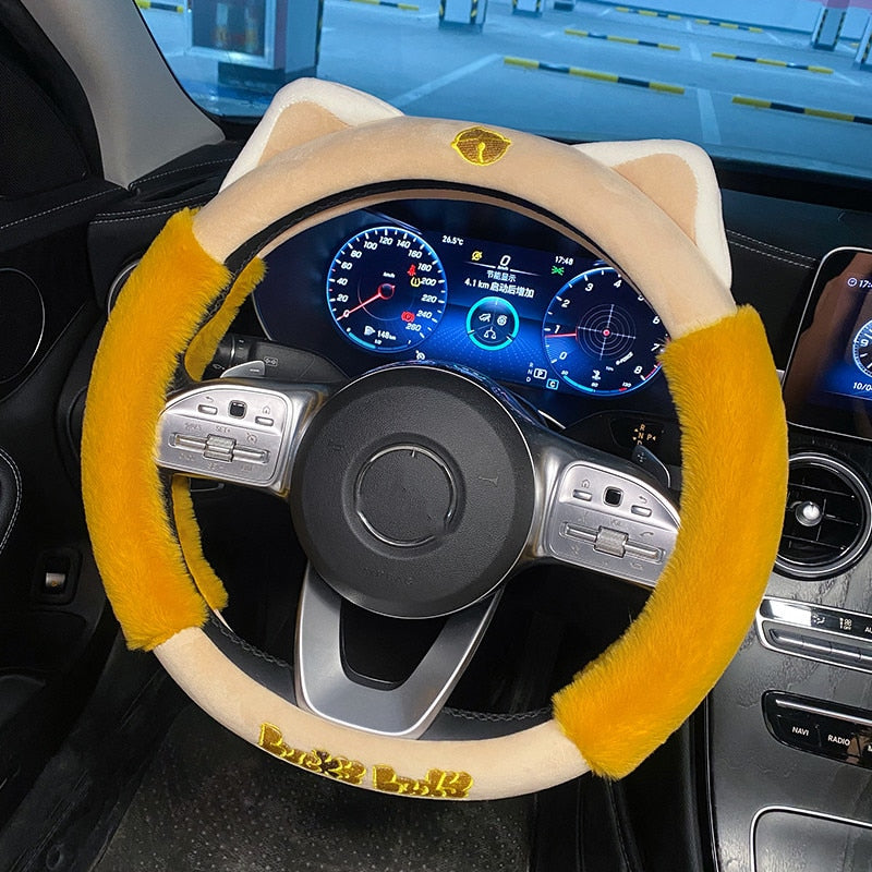 Plush Cat Steering Wheel Cover in Yellow - Kawaii Merchandise