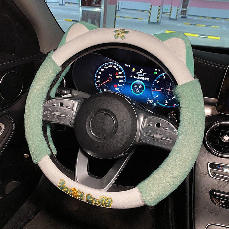 Plush Cat Steering Wheel Cover in Light Green - Kawaii Merchandise