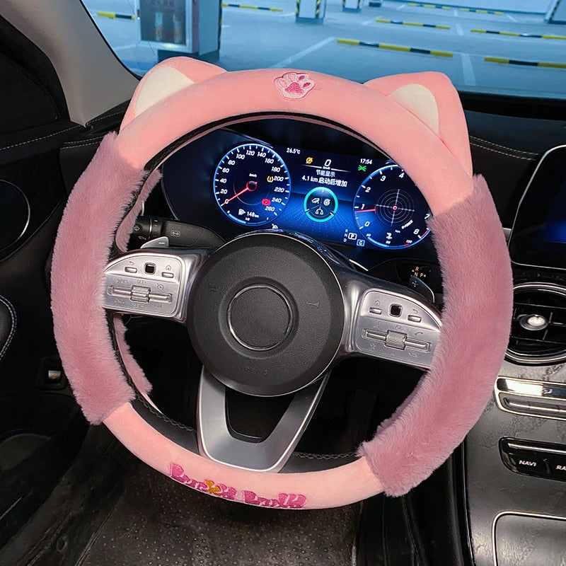 Plush Cat Steering Wheel Cover in Rose red - Kawaii Merchandise