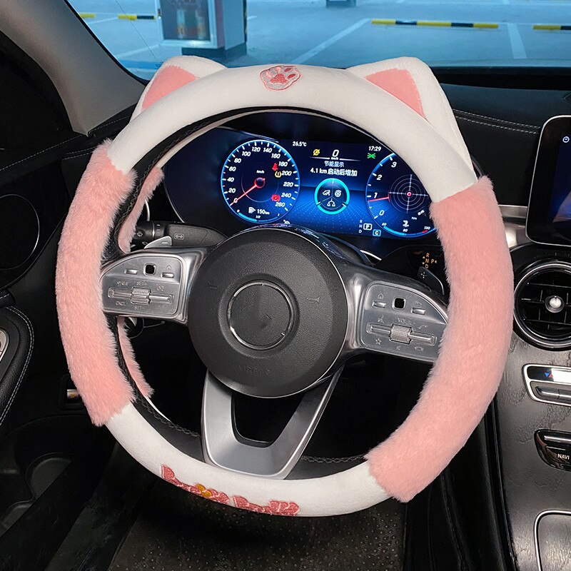 Plush Cat Steering Wheel Cover in Pink - Kawaii Merchandise
