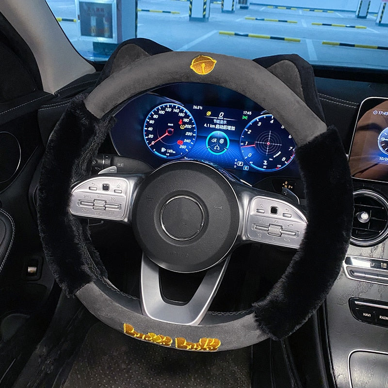 Plush Cat Steering Wheel Cover in Black - Kawaii Merchandise