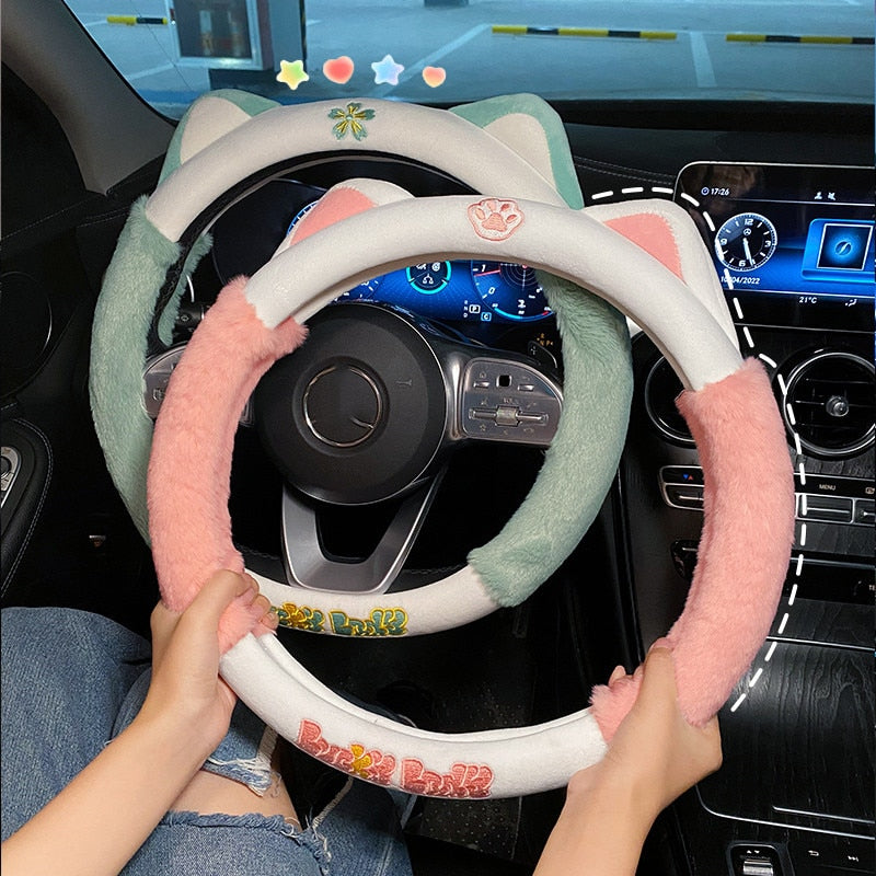 Plush Cat Steering Wheel Cover - cute car accessory from Kawaii Merchandise